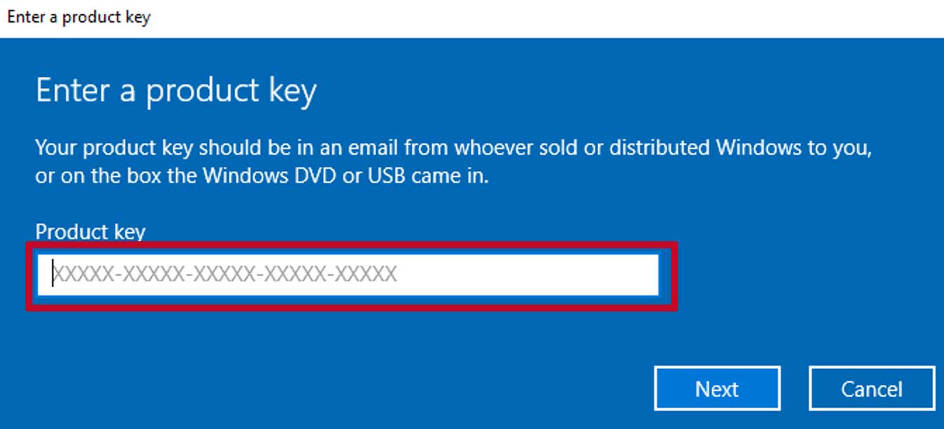 window to enter product key in Windows 10