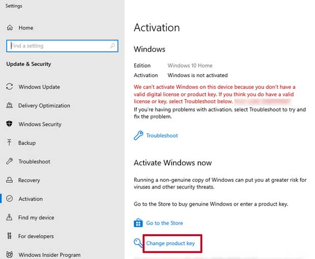 windows 10 activation settings window
