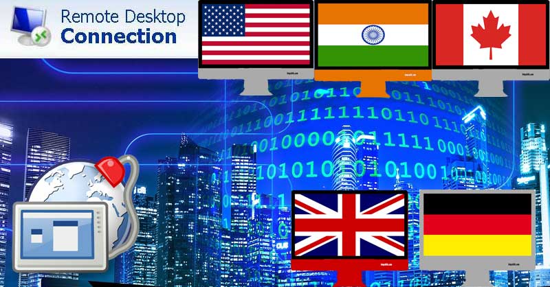 remote desktop thumbnail that containing computer screens with globe, flags of UK, India, united states of america, Germany, Canada