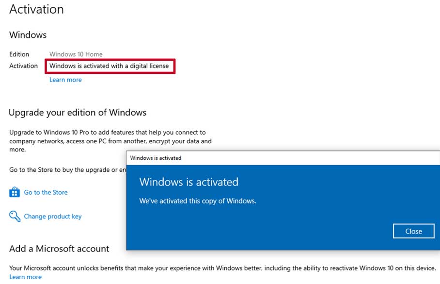 Windows 10 activated window