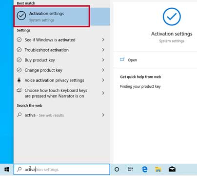Search activation and select activation settings in windows 10