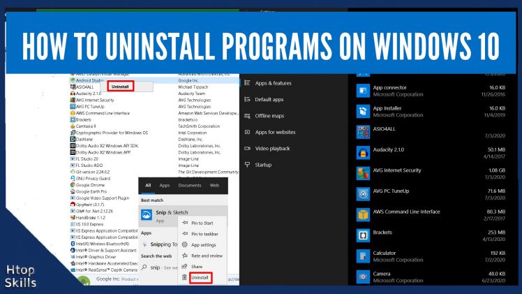 The image contains steps to uninstall apps and programs in Windows 10.