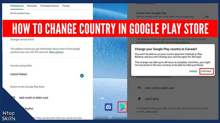 Image contains steps to change country in Google Play Store