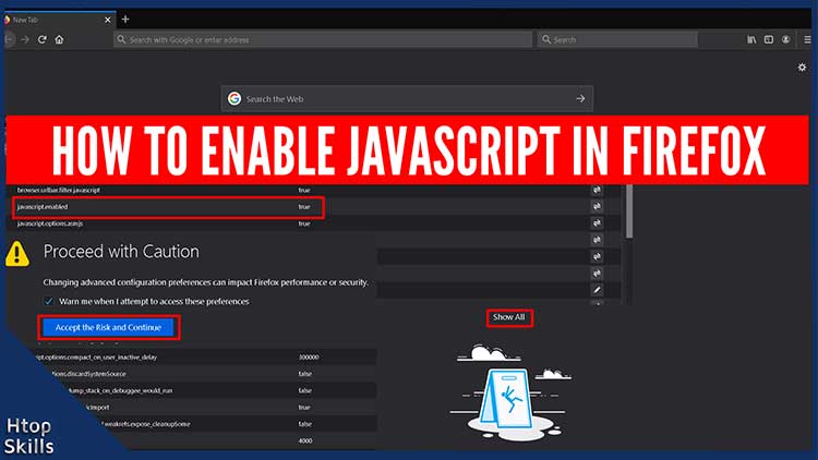 The image contains steps to enable Javascript In Firefox