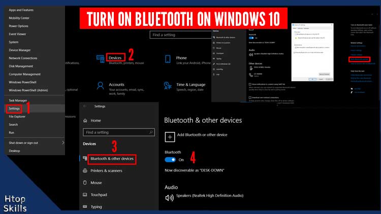 Image contains steps to enable Bluetooth on Windows 10