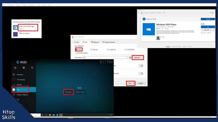 Image contains steps to play DVD in Windows 10 with VLC Media Player, Kodi Media Player and Windows Media Player