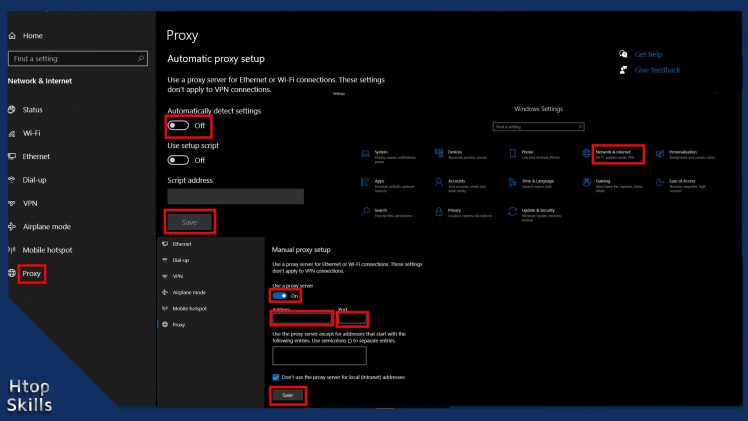 The image contains the Windows settings window and all the steps to configure the proxy on Windows 10