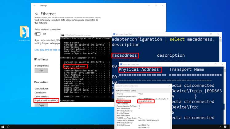 The image contains Windows 10 desktop, Settings window, Windows PowerShell window, Command prompt window, and Network connection details window.