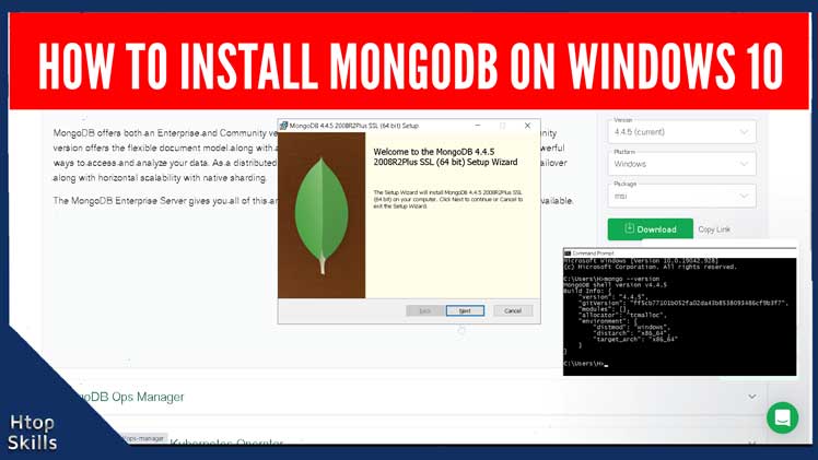 The image contains the MongoDB download page, the MongoDB installation window, and a command prompt window with mongodb.