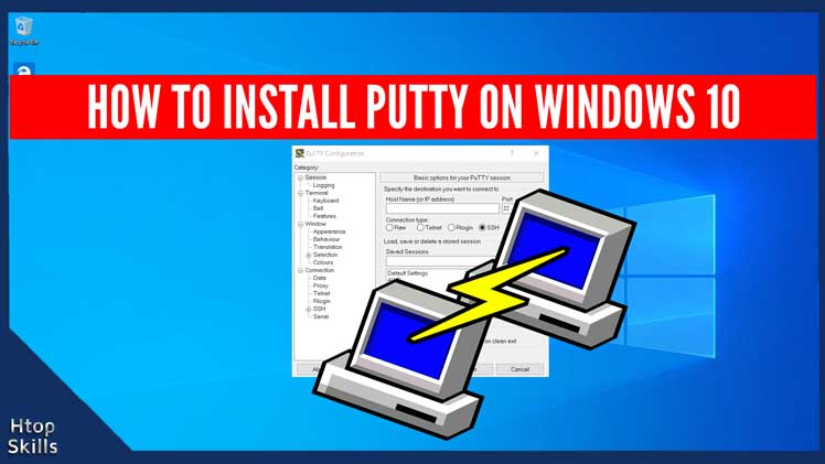This image contains the Windows 10 desktop, the putty default window, and the putty logo