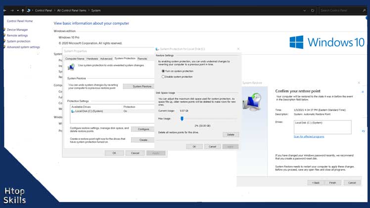 This image contains steps to activate, create and restore to an earlier date Windows 10